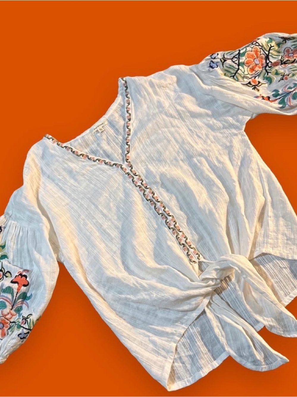 Max Studio White Tie-Front Embroidered Peasant Blouse